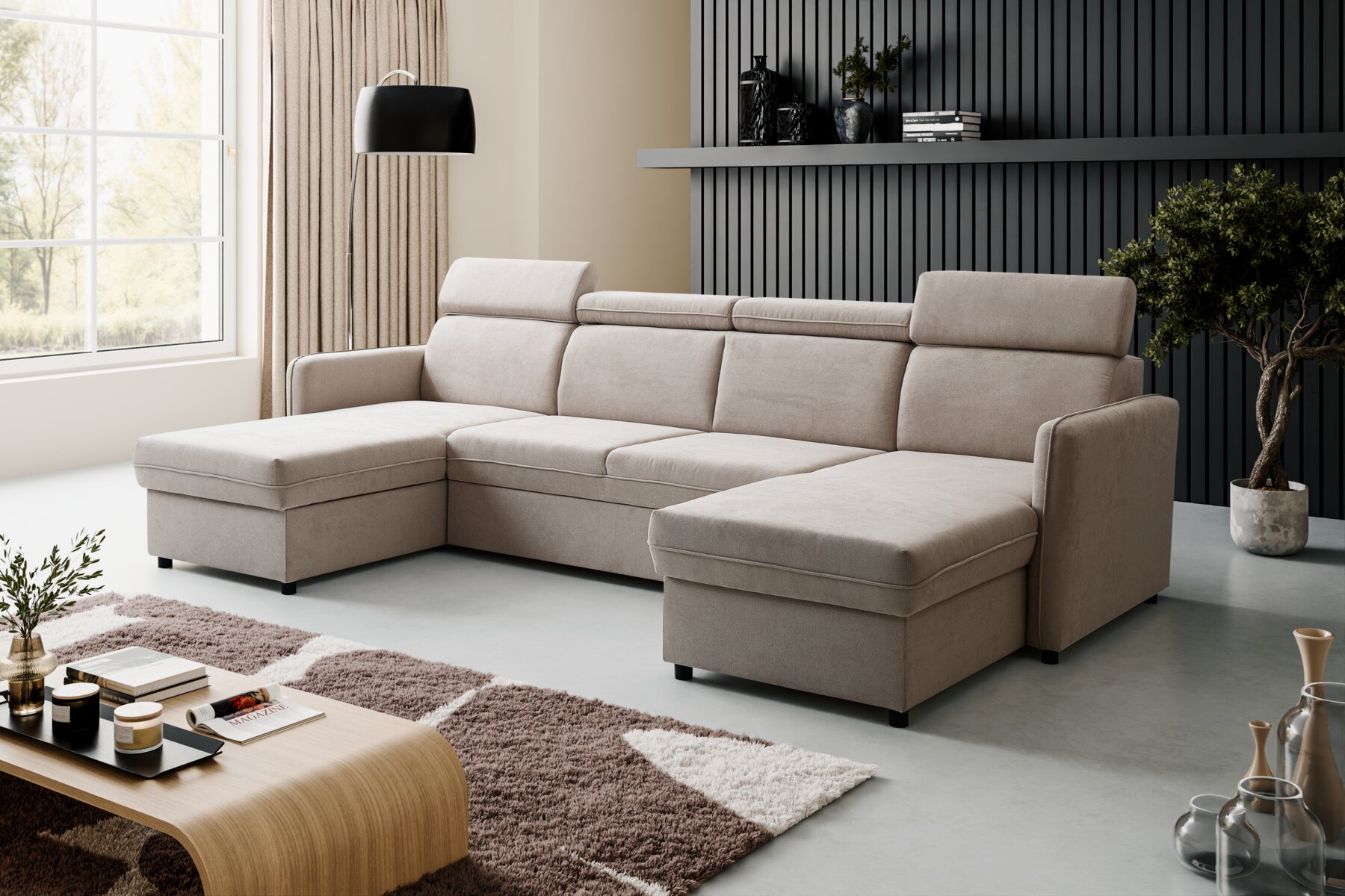 Boxspring Xpert - U-vormige hoekslaapbank met opbergruimte en verstelbare hoofdsteunen - Riccione