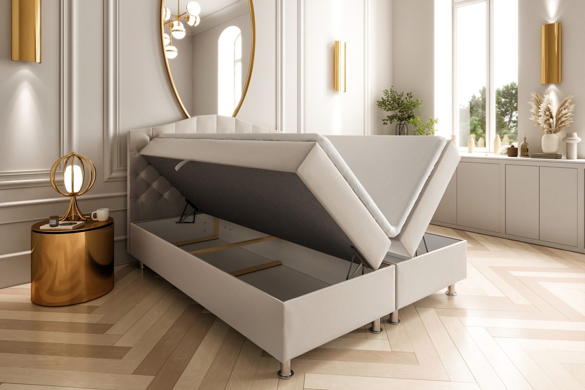 Boxspringbett mit Bettkasten Lincoln mit geöffnetem Stauraum